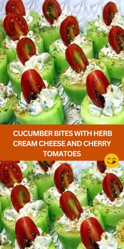 Cucumber Bites with Herb Cream Cheese and Cherry Tomatoes - Looking for a refreshing and flavorful appetizer to impress your guests? Look no further than these delightful Cucumber Bites with Herb Cream Cheese and Cherry Tomatoes! Perfect for any occasion, these bites are bursting with freshness and zesty flavors that will leave everyone wanting more. Cucumber Bites With Herbs Cream Cheese And Cherry Tomato, Cucumber Bites With Herb Cream Cheese, Stuffed Cherry Tomatoes Appetizers, Cucumber Cream Cheese Appetizers, Cucumber Appetizers With Cream Cheese, Cherry Tomato Appetizers, Cucumber Bites Appetizers, Italian Drunken Noodles, Herb Cream Cheese