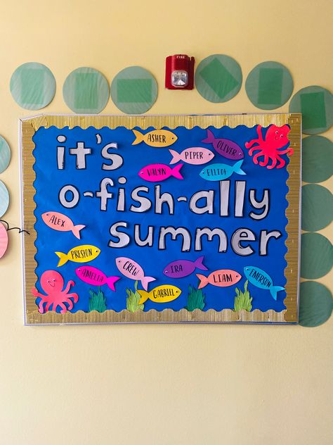 Ocean themed preschool summer bulletin board! #bulletinboardideas #preschoolbulletin #preschool #summerbulletinboard #classroom #toddler #classroomideas In Our Summer Era Bulletin Board, Easy Summer Bulletin Boards, Summer Toddler Bulletin Boards, Summer Bulliten Board Preschool, Summertime Bulletin Boards, Summer Time Bulletin Boards, Summer Preschool Bulletin Boards, Fish Bulletin Board Ideas, June Bulletin Board Ideas Preschool