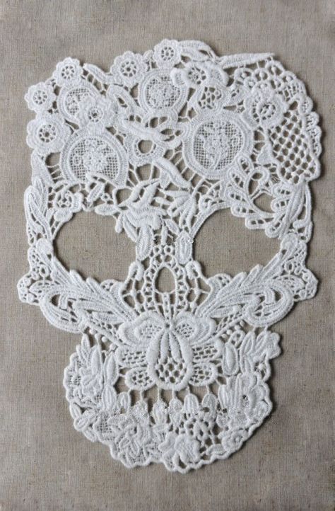 white lace applique skull lace applique cotton lace by Retrolace Lace Ghost, Crochet Skull Patterns, White Punk, Lace Skull, Crochet Skull, Amazing Lace, Altering Clothes, Wedding Dress Accessories, Skull Design