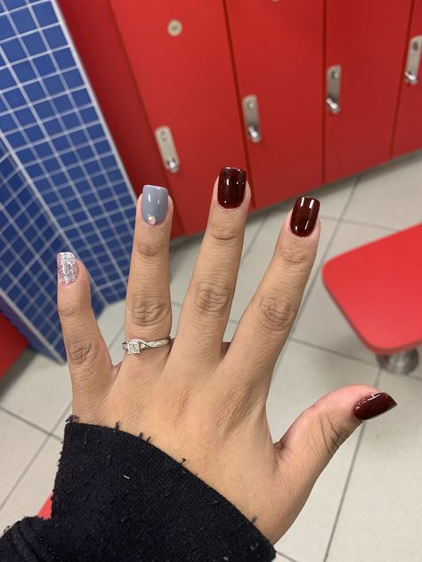 Grey And Maroon Nails, Gray And Burgundy Nails, Scarlet And Gray Nails, Gray And Red Nails, Burgundy And Grey Nails, Maroon And Silver Nails, Red And Gray Nails, Sliver Nails, Sns Nails Designs