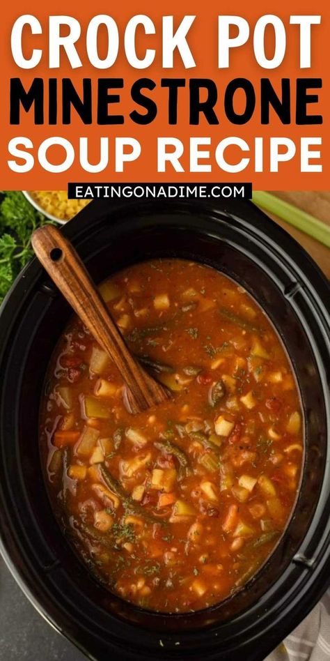 Crock Pot Minestrone Soup Recipe comes together for a flavor packed meal - Try this copycat Olive Garden Minestrone Soup at home! This slow cooker easy minestrone soup without meat is delicious and simple to make at home! #eatingonadime #crockpotrecipes #slowcookerrecipes #souprecipes Crockpot Minestrone Soup Recipe, Minestrone Soup Recipe Olive Garden, Soup Without Meat, Ministroni Soup Recipe, Crock Pot Minestrone Soup, Minestrone Soup Recipe Crockpot, Crock Pot Minestrone, Copycat Olive Garden Minestrone Soup, Copycat Olive Garden Minestrone