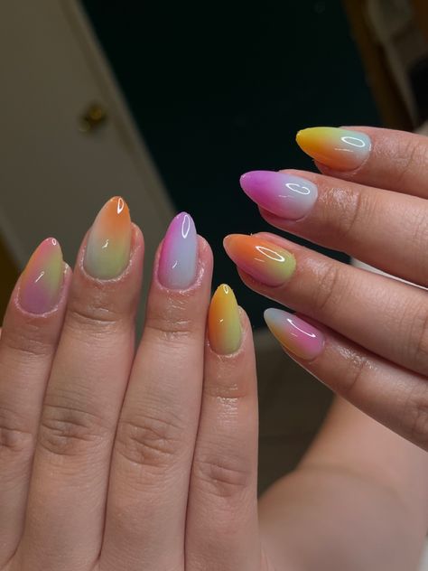 Airbrush nail inspo colorful summer nails almond short Colorful Airbrush Nails, Airbrush Short Nails, Nail Inspo Colorful, Nails Almond Short, Sorbet Nails, Colorful Summer Nails, Multicoloured Nails, Summer Holiday Nails, Airbrush Nail