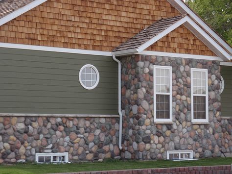 River Rock Veneer Panels | River Rock - Mountain Stream | Flickr - Photo Sharing! Faux Rock Siding, Rock Siding, Prefab Barns, River Rock Fireplaces, Faux Stone Walls, Cedar Shake, Shake Siding, Lakeside Living, Stone Pillars