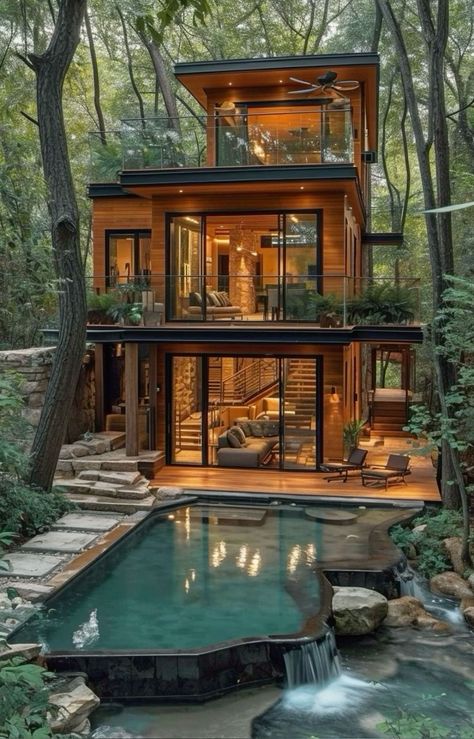 ☾~.~☕️follow me☕️~.~☾ Tiny Home Basement, Japanese Style Tiny House, Water House, Container House Plans, Modern Tiny House, Container House Design, Tropical Houses, Forest House, Industrial House