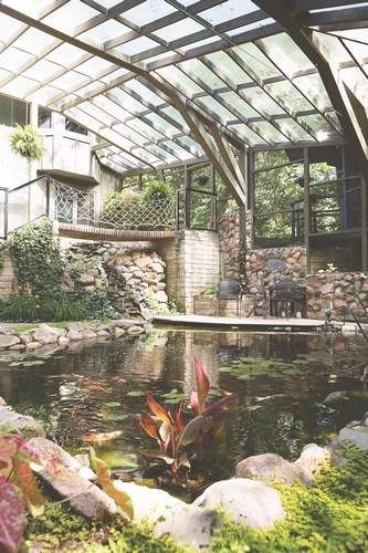 Wow factor: Enclosed pond in C.R. one of seven on Eastern Iowa Pond Society's pond tour | The Gazette Cat Friendly Plants, Indoor Pond, Indoor Swimming Pool Design, Bird Fountain, Building A Pond, Garden Pond Design, Fountains Backyard, Dream Life House, Koi Fish Pond