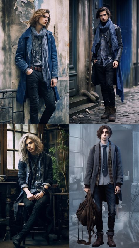 Ravenclaw Mens Outfit, Modern Warlock Aesthetic, Modern Mage Outfit, Urban Wizard Aesthetic, Modern Wizard Fashion Men, Casual Steampunk Outfits Men, Sorcerer Aesthetic Outfit, Ravenclaw Outfit Men, Modern Wizard Aesthetic