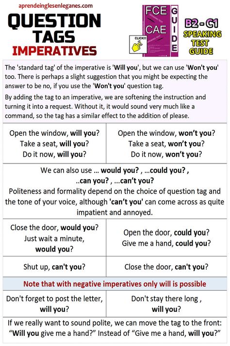 QUESTION TAGS - IMPERATIVES Question Tags Rules, Joining Sentences Using And, Question Tags Worksheet With Answers, English Grammar Questions, Question Tags Grammar, Categorical Imperative, Question Tag, Ielts General, Eng Grammar