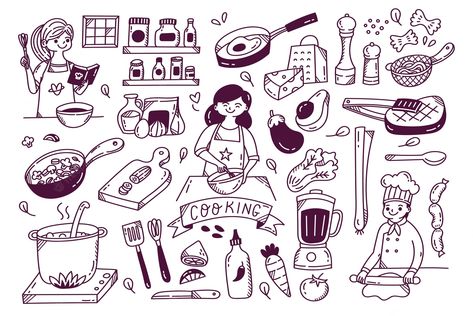 Cooking Tattoo, Vector Kitchen, Cartoon Chef, Hand Drawn Doodles, Kitchen Icon, Diy Crafts Bookmarks, Doodle Pages, Food Cartoon, Sketch Notes