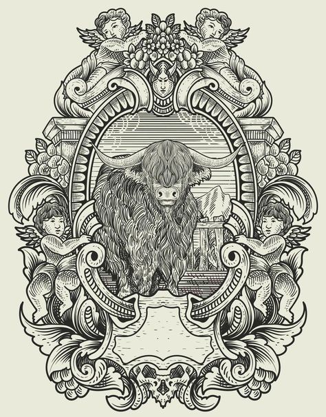 illustration vintage bull with engraving style Vector Texture, Illustration Vintage, Vintage Frames, Vector Free, Royalty, Royalty Free, Clip Art, Texture