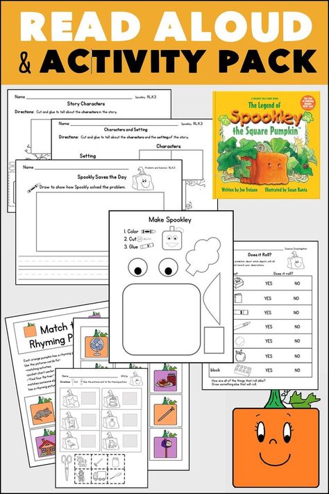 A full lesson plan including a standards-based comprehension discussion + story elements worksheets with printable draw and write response page. Also includes "Does it Roll?" science activity and a "Match the Rhyme" literacy center with corresponding cut and glue worksheet AND a Spookley craft! Spookley The Square Pumpkin Activities, Spookley The Square Pumpkin, Story Elements Worksheet, Square Pumpkin, Pumpkin Reading, Read Aloud Activities, Draw And Write, Pumpkin Activities, Cut And Glue