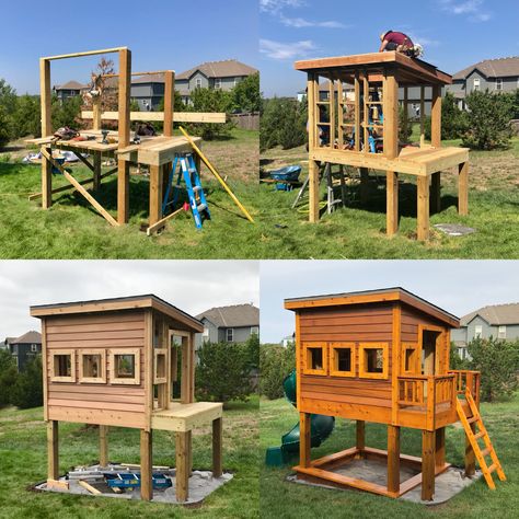 Custom playhouse with sandbox, roof hatch, cedar siding and prefab slide. Playhouse With Sandbox Underneath, Sandbox Playhouse, Playset Plans, Custom Playhouse, Backyard Fort, Diy Backyard Fence, Roof Hatch, Kids Backyard Playground, Play Area Backyard