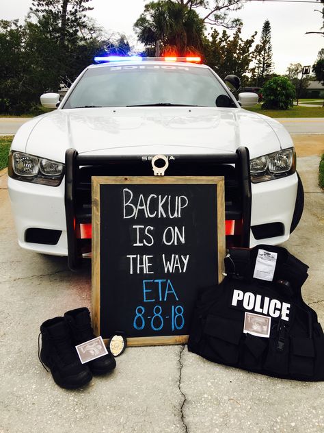 Police baby announcement  Law enforcement baby announcement Law Enforcement Baby Announcement, Police Pregnancy Announcement, Police Baby Announcement, Police Baby Shower, Police Baby, Cute Pregnancy Announcement, Baby Announcement Pictures, Baby Reveal Party, Baby Life Hacks