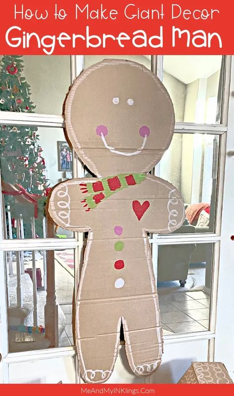 How to Make Giant Cardboard Gingerbread Decorations - Laura Kelly's Inklings #cardboarddecor #gingerbreadman #kidcraft #diy #reycledcraft #kwiksticks #paintsticks How To Decorate Gingerbread Men, Gingerbread Man Cardboard, Cardboard Gingerbread Man, Giant Gingerbread Man, Christmas Printable Templates, Cardboard Gingerbread, Cardboard Gingerbread House, Recycled Diy, Painted Christmas Gifts