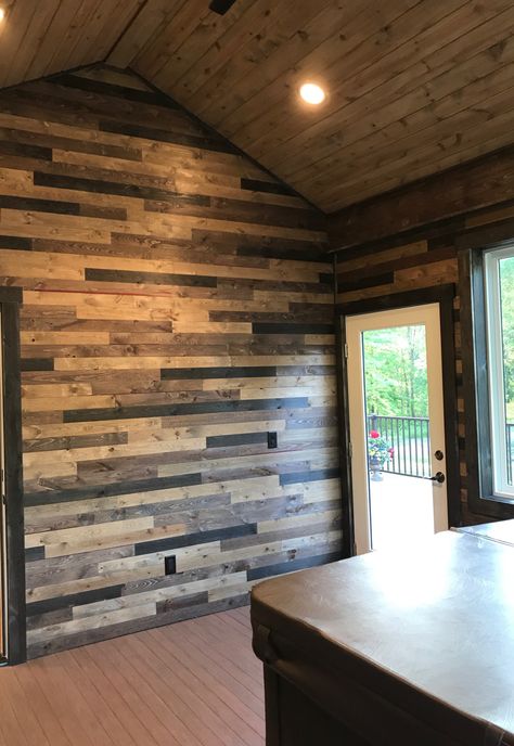 Brewpub Whiskey Barrel accent wall + Easy BarnWood Covered Bridge on Ceiling Modern Moulding, Ideas For Accent Walls, Teal Paint Colors, Entryway Farmhouse, Tongue And Groove Walls, White Beadboard, Barrel Ceiling, Grey Ceiling, Batten Wall