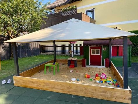 Small Outdoor Daycare Space, Truck Sandbox Ideas, Budget Outdoor Play Area, Outside Play Area Ideas, Diy Outdoor Toddler Play Area, Sand Pit Ideas Play Areas, Toddler Friendly Backyard, Daycare Backyard Ideas, Outdoor Play Spaces For Toddlers