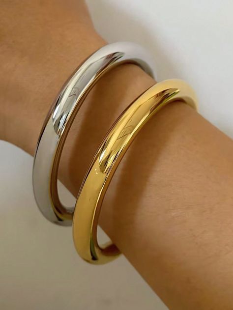 1pc Women Stainless Steel Vintage Bangle, Elegant Big Hoop High Quality  Plated Minimalist Fashion Bracelet Gold,Silver,Gold + Silver,B0064 Gold,B0064 Silver,B0064 Gold + Silver Fashionable   Stainless Steel     Women Fashion Jewelry, size features are:Bust: ,Length: ,Sleeve Length: Gold Bracelet Bangle, Arm Bangles, Bracelets Silver, Open Cuff Bracelet, Bangles Making, Vintage Bangles, Trending Products, Halloween 2024, Bangle Designs