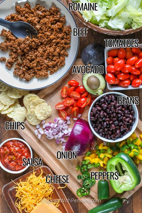 Taco Salad Bar, Luncheon Recipes, Easy Taco Salad Recipe, Taco Salad Ingredients, Taco Salad Bowls, Bean Chips, Taco Toppings, Chicken Taco Salad, Cheese All