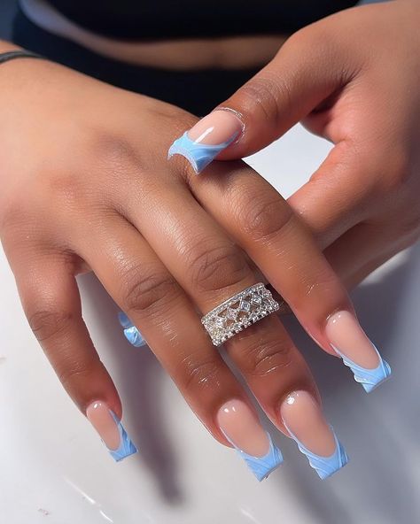 White And Blue French Tip Nails, Blue Nails French Tip, Baby Blue Acrylic Nails, Blue French Tip, Cute Pink Nails, Tapered Square Nails, Blue Acrylic Nails, Drip Nails, Girly Acrylic Nails