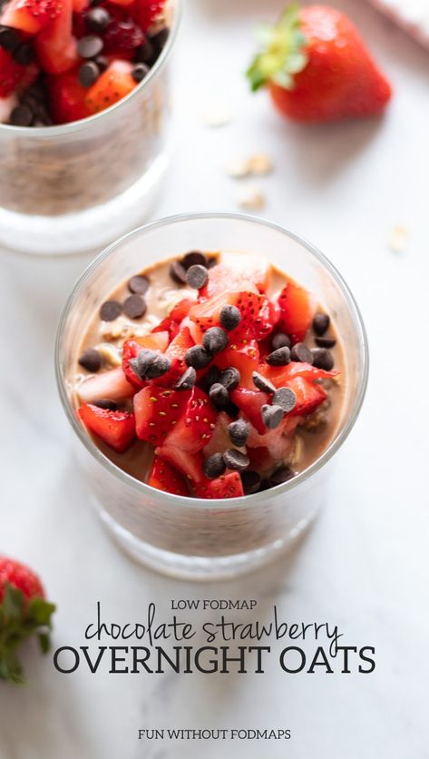 Make breakfast a breeze with Low FODMAP Chocolate Strawberry Overnight Oats. Quickly prep at night and have a FODMAP-friendly fiber-packed option ready to go when you wake up. | more easy low FODMAP recipes at funwithoutfodmaps.com | #lowfodmap #plantbased #mealprep #dairyfree #breakfast #overnightoats Chocolate Strawberry Overnight Oats, Low Fodmap Chocolate, Plantbased Mealprep, Easy Low Fodmap Recipes, Easy Low Fodmap, Fodmap Breakfast, Low Fodmap Snacks, Strawberry Overnight Oats, Fodmap Snacks