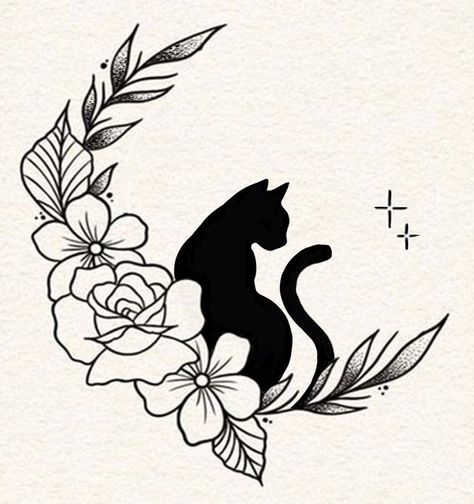 Cat Silhouette Tattoos With Flowers, Cat Tattoo Designs Memorial, Cat With Flowers Tattoo, Black Cat Drawing Simple, Simple Black Cat Tattoo, Small Black Cat Tattoo, Witchy Cat Tattoo, Cat Silhouette Tattoos, Black Cat Tattoo