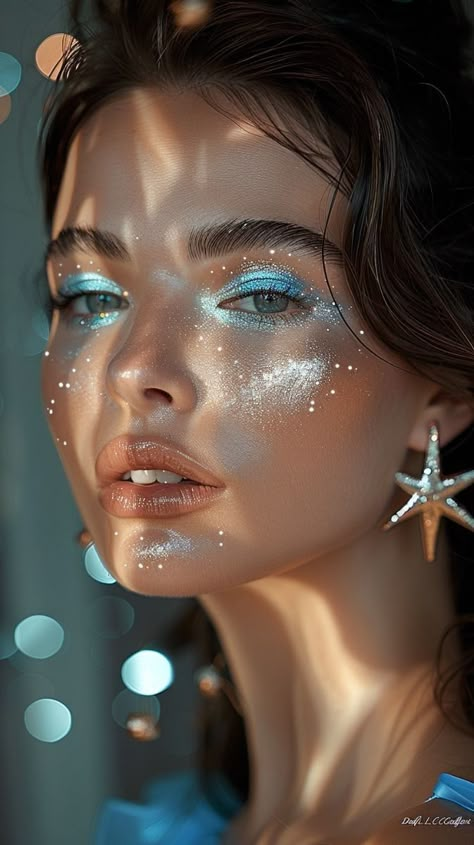 Mystical Eye Makeup, Mermaid Shoot Ideas, Space Cowboy Makeup Look, Mystical Makeup Looks, Light Blue Silver Makeup, Blue Mermaid Makeup Looks, Mermaid Scale Makeup, Magic Makeup Looks, Water Goddess Makeup