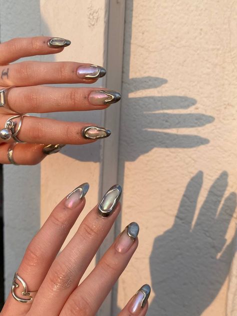 #nails #naildesign #chromenails #cyber #y2k Avant Garde Nails, Coachella Nails, Uñas Ideas, Ateez Concert, Y2k Nails, Gray Nails, Design Nails, Concert Fits, Funky Nails