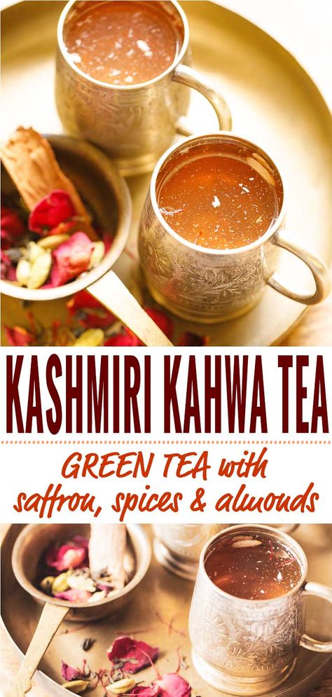 kahwa is a kashmiri tea made with cinnamon, cardamom, saffron and green tea. kashmiri kahwa is aromatic, delicately spiced, light green tea. #kahwa #kahwatea #kashmirikahwa #greentea #vegan #kashmiritea #spicedtea Kashmiri Kahwa Recipe, Kahwa Tea, Kashmiri Tea, Kashmiri Kahwa, Kashmiri Recipes, Tea Masala, Veg Recipes Of India, Green Tea Smoothie, Indian Drinks