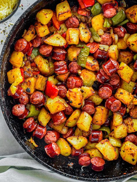 Fried Potatoes Onions and Smoked Polish Sausage Sausage Bell Pepper Onion Potatoes, Fried Potatoes Onions And Smoked Polish Sausage, Potatoes Onions And Sausage, Fried Potatoes Onions And Smoked Sausage, Sausage And Fried Potatoes, Sausage Peppers Onions And Potatoes, Sausage Sweet Potato Recipes, Smoked Polish Sausage, Utah Scones