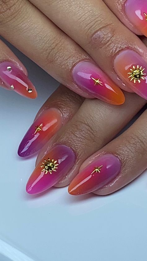 Vacation Summer Nails, Coastal Nails, Summer Aura, Sun Nails, Trendy Summer Nails, Sunset Nails, Aura Nails, Vibrant Nails, Almond Acrylic Nails