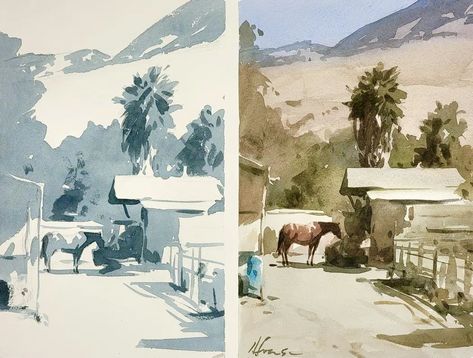 Andy Evansen Value Study, Watercolor Drills, Andy Evansen, Perspective Composition, Value Study, Value Painting, Shade Landscaping, Landscape Sketch, Landscape Watercolor