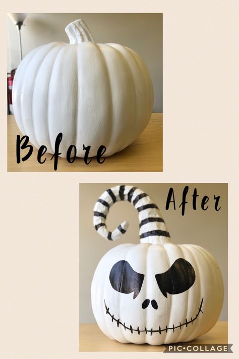 Creepy Pumpkin Painting, Jack Skellington Drawings, Cute Painted Pumpkin Ideas, Pumpkin Paint, Halloween Pumpkin Crafts, Nightmare Before Christmas Pumpkin, Jack Skellington Pumpkin, Creative Pumpkin Painting, Cute Pumpkin Carving