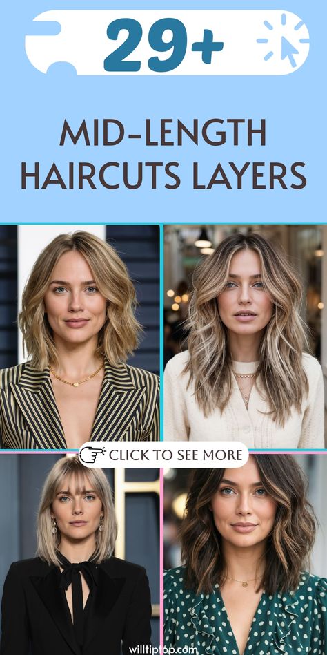 Enhance your hair game with our chic mid-length hairstyles showcasing layers! Layers bring dimension, fullness, and bounce to your hair, resulting in a versatile and trendy appearance. Whether you fancy gentle layers for a delicate, dreamy feel or bold layers for extra definition, our skilled hairstylists will design the ideal cut tailored just for you. Embrace the allure of layers and elevate your mid-length locks into a work of contemporary sophistication! Medium Length Haircut With Layers Middle Part, Medium Womens Haircuts, Mid To Long Haircut, Womens Mid Length Haircut, Medium Layers Haircuts, Medium Length Haircut For Oval Face, Armpit Length Haircut, Med Length Haircuts, Mid Length Bob