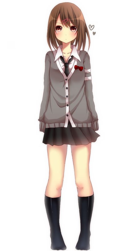 black_legwear blush brown_eyes brown_hair cardigan hair_ornament hairclip heart highres kneehighs looking_at_viewer necktie no_shoes original school_uniform short_hair skirt sleeves_past_wrists solo standing yamasuta Cardigan Drawing, 2014 Anime, Richard Johnson, Anime Uniform, Anime Clothes, Anime People, Manga Characters, I Love Anime, Amazing Grace