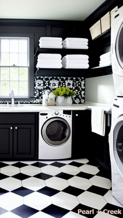 White Laundry Room Ideas, Black And White Laundry Room, Black And White Laundry, Black Lower Cabinets, Laundry Room Paint, Laundry Room Tile, White Laundry Rooms, Stylish Laundry Room, White Laundry