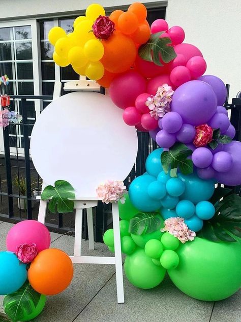 Balloon Garland Tropical, Pink Orange Purple Balloon Garland, Pink Green Yellow Balloon Garland, Cocomelon Party Decorations, Green Yellow Orange Balloon Garland, Hot Pink Balloons, Pink Orange Yellow Balloons, Tropical Balloon Garland, Balloons Columns