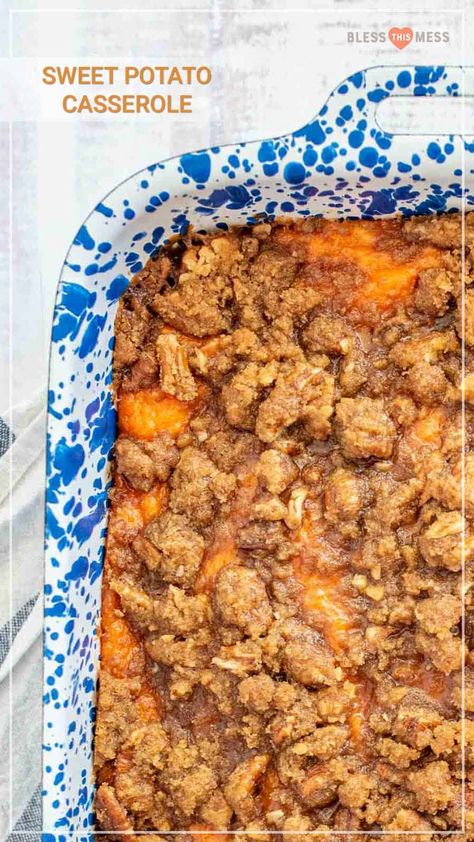 Sweet and fluffy with a crumbly and crunchy streusel topping, Beth's famous sweet potato casserole is a must-make dish for holiday meals! It's a simple side dish that you can make ahead of time, too, for easy prep and enjoyable cooking on any holiday! #sweetpotatocasserole #thanksgivingsides #holidaydishes #sweetpotato #casserole #thanksgivingfood #thanksgivingrecipes #holidayrecipes Pecan Crumble Topping Recipe, Canned Sweet Potato Casserole, Pecan Crumble Topping, Baked Sweet Potato Casserole, Whipped Sweet Potatoes, Best Sweet Potato Casserole, Pecan Crumble, Freeze Sweet Potatoes, Sweet Potato Casserole Easy