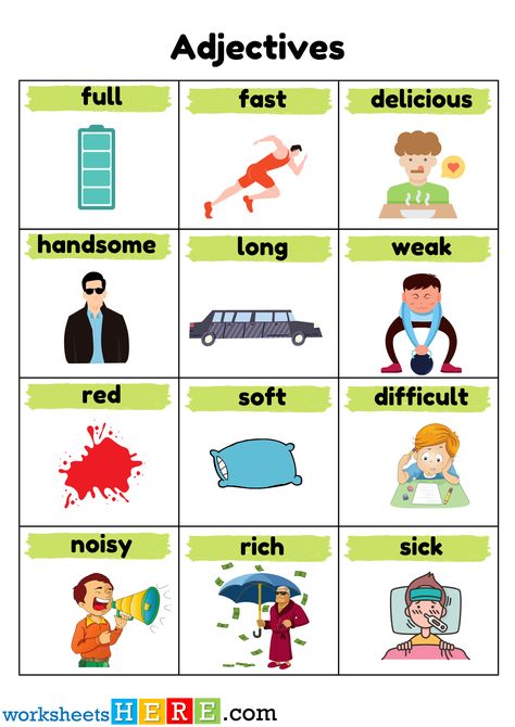 Adjectives Examples with Pictures, Adjectives Words PDF Worksheet For Students - WorksheetsHere.com Adjective Examples, Comparative Superlative, Big Bigger Biggest, Examples Of Adjectives, Adjective Words, Infographic Examples, English Adjectives, English Grammar Worksheets, English Lessons For Kids