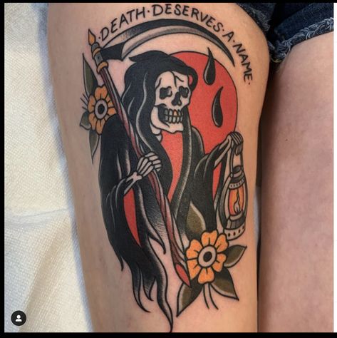 Traditional Reaper Tattoo, Black And Red Traditional Tattoo, Traditional Grim Reaper Tattoo, American Traditional Reaper Tattoo, Grim Reaper Trad Tattoo, Grim Reaper American Traditional Tattoo, American Trad Grim Reaper, American Traditional Grim Reaper Tattoo, Reaper American Traditional Tattoo