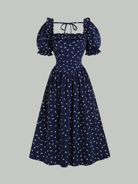 Floral Simple Dress, Cute Shein Dresses, Floral Long Dresses, Blue Floral Fabric, Fabric Plants, Cute Formal Dresses, Front Knot Dress, Modest Dresses Casual, Cute Dress Outfits