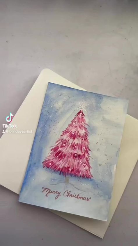 Hand Painted Christmas Cards Acrylic, Hand Painted Christmas Cards, Pink Christmas Trees, Holiday Watercolor, Painted Christmas Cards, I Love Pink, Hand Painted Christmas, Homemade Christmas Cards, Pink Christmas Tree