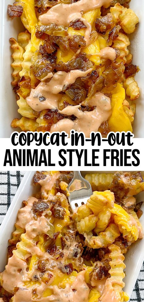 animal style fries with dairy free melted cheese, grilled onions, and vegan special sauce. Vegan French Fries Recipe, Vegan Animal Style Fries, Garbage Fries, Animal Style Fries Recipe, French Fries Loaded, Animal Fries, Fries At Home, Animal Style Fries, Healthy Fries