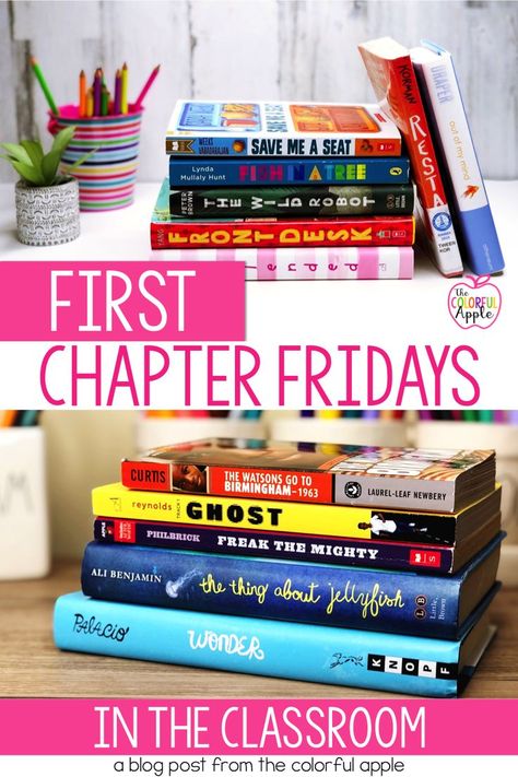 Get ready to start First Chapter Friday in your elementary or middle school classroom!  Reading just the first chapter of a novel will get kids excited about their independent reading books.  On the blog, there is a free printable book list for you to download!  The blog post also provides tips and strategies on how to get started with First Chapter Friday and how to make it successful in your classroom. Motivate and inspire all your readers! (fourth grade fifth grade sixth grade seventh grade) Writing Folders Middle School, Independent Reading Middle School, Read 180 Classroom Setup Middle School, Middle School Classroom Library Ideas, Middle School Read Alouds, Third Grade Classroom Library, Teaching Fourth Grade, Classroom Library Middle School, 3rd Grade Reading Classroom