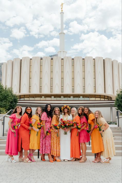 Spanish Themed Bridesmaid Dresses, Neon Wedding Bridesmaid, Bridesmaids Dresses Sunset Colors, Vivid Bridesmaid Dresses, Bridesmaids Colorful Dresses, Mismatched Bridesmaid Dresses Green And Orange, Sunrise Wedding Colors Bridesmaid Dresses, Wedding Bridesmaid Dresses Orange, Retro Wedding Theme Ideas Bridesmaid Dresses