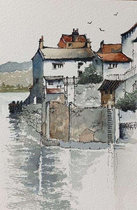 Yorkshire Harbour | Watercolor art lessons, Watercolor landscape paintings, Watercolor architecture Watercolor Line And Wash Houses, Line And Wash Watercolor Landscape, Line And Wash Art, Line And Wash Watercolor Sketches, Line And Wash Watercolor, Minimal Tattoo Ideas, Line And Wash, Line Quality, Watercolour Drawings