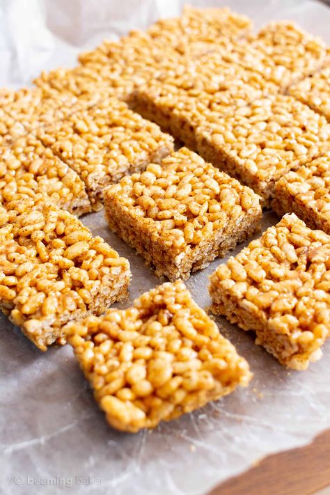 3 Ingredient Healthy Vegan Rice Crispy Treats (V, GF): a chewy homemade vegan rice krispy treats recipe, made with whole, gluten-free, protein-rich ingredients. #RiceCrispyTreats #ProteinPacked #Vegan #GlutenFree #CleanEating #Snacks #HealthySnacks | Recipe at BeamingBaker.com Gluten Free Desserts Rice Crispy Treats, Vegetarian Rice Crispy Treats, Gluten Free Dairy Free Rice Crispy Treat, Rice Krispie Treats Vegan, Home Style Rice Crispy Treats, Protein Rice Crispy Treats, Healthy Rice Krispie Treats, Vegan Rice Crispy Treats, Vegan Rice Krispie Treats