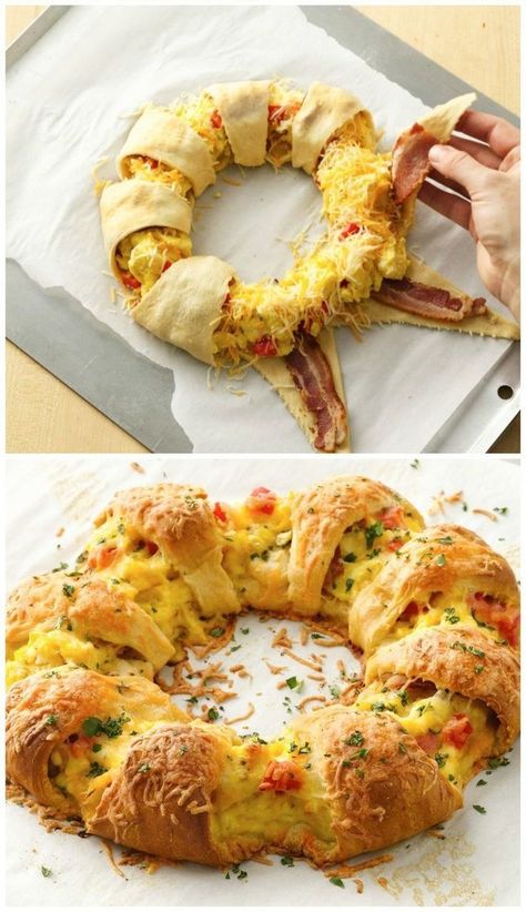 Bacon, Egg, and Cheese Brunch Ring. Can also substitute bacon for ham or Canadian bacon. Brunch Ring, Foolproof Recipes, Bacon Egg And Cheese, Egg And Cheese, Christmas Brunch, Bacon Egg, Too Good To Be True, Quick And Easy Breakfast, Winter Recipes