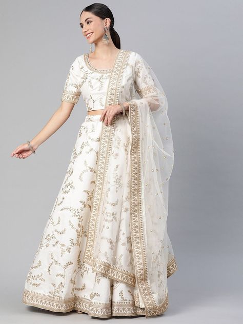 Off White And Golden Lehenga, White And Golden Lehenga, Golden Dupatta, Golden Lehenga, Nails Shape, White Lehenga, Choli Blouse, Lehenga Fabric, Lehenga Blouse Designs