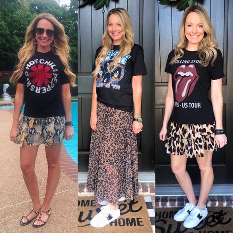 Skort With Tshirt Outfit, Outfit Band, Rocker Tee, Leopard Watercolor, Feminine Skirt, Leopard Skirt, Trendy Summer Outfits, Boho Skirts, Beautiful Style