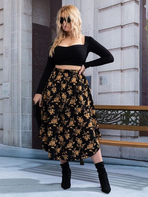 f337d999d9ad116a7b4f3d409fcc6480desc52676519ri Look Plus Size, Looks Street Style, Floral Print Skirt, Plus Size Kleidung, Plus Size Skirts, Mode Inspo, Curvy Girl Outfits, Alternative Outfits, Curvy Outfits