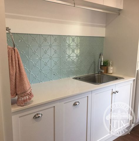 Pressed Metal Splashback Kitchens, Laundry Splashback Ideas, Pressed Metal Splashback, Pressed Tin Splashback, Laundry Tiles, Laundry Splashback, Pressed Tin Backsplash, Bathroom Nook, Pressed Tin Tiles